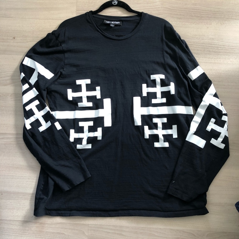 Neil Barrett patterned black and white long-sleeved shirt, size XXL